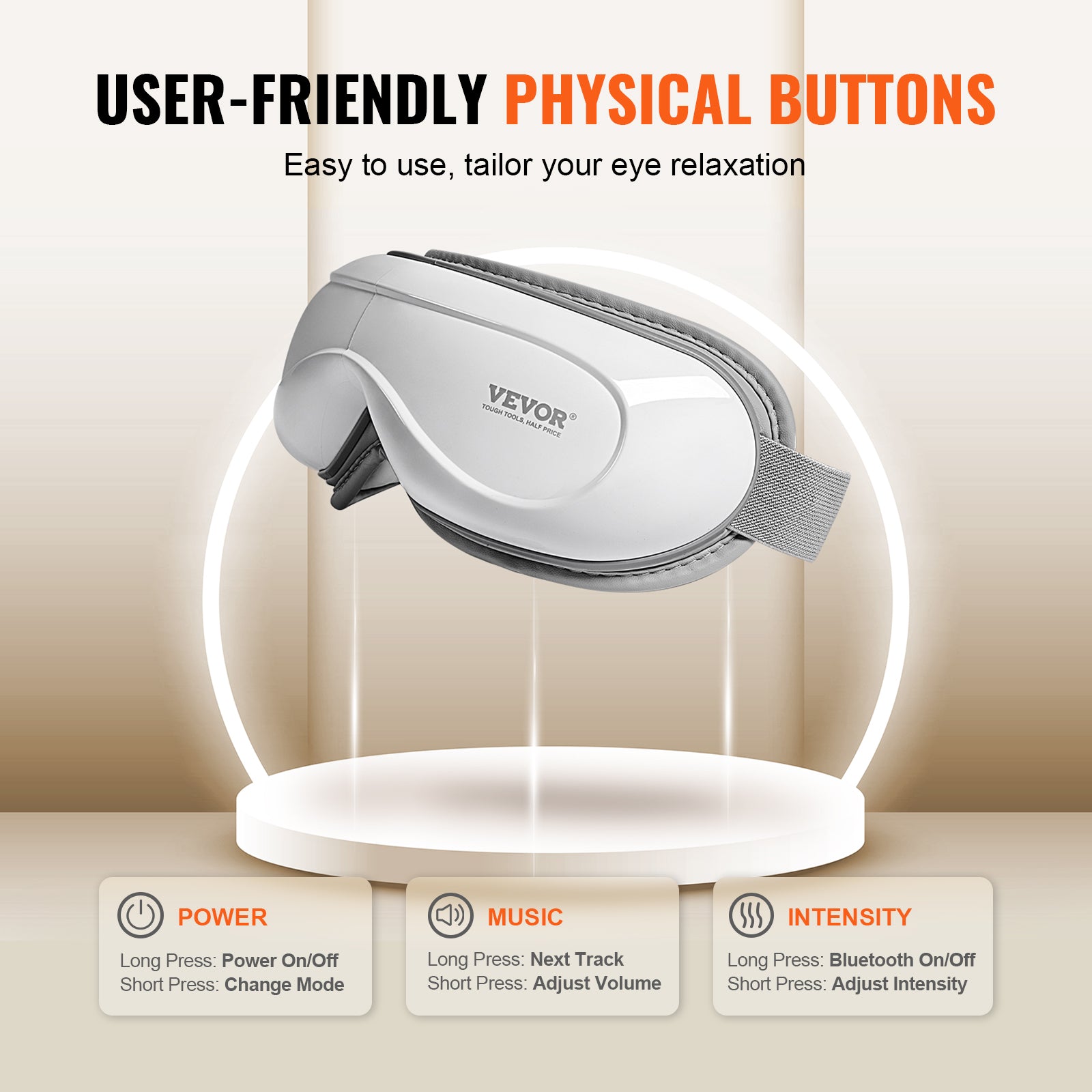VEVOR Heated Eye Massager — 5 Modes, Bluetooth Music & 180° Foldable