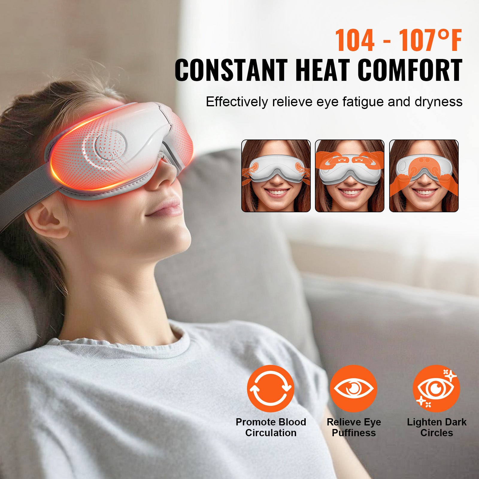 VEVOR Heated Eye Massager — 5 Modes, Bluetooth Music & 180° Foldable